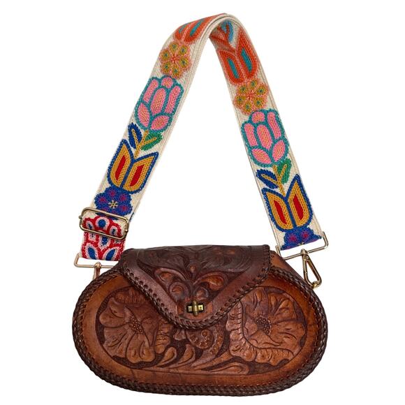 Vintage 1970s Tooled Leather Floral Crossbody Bag with Embroidered Strap - Picture 1 of 14